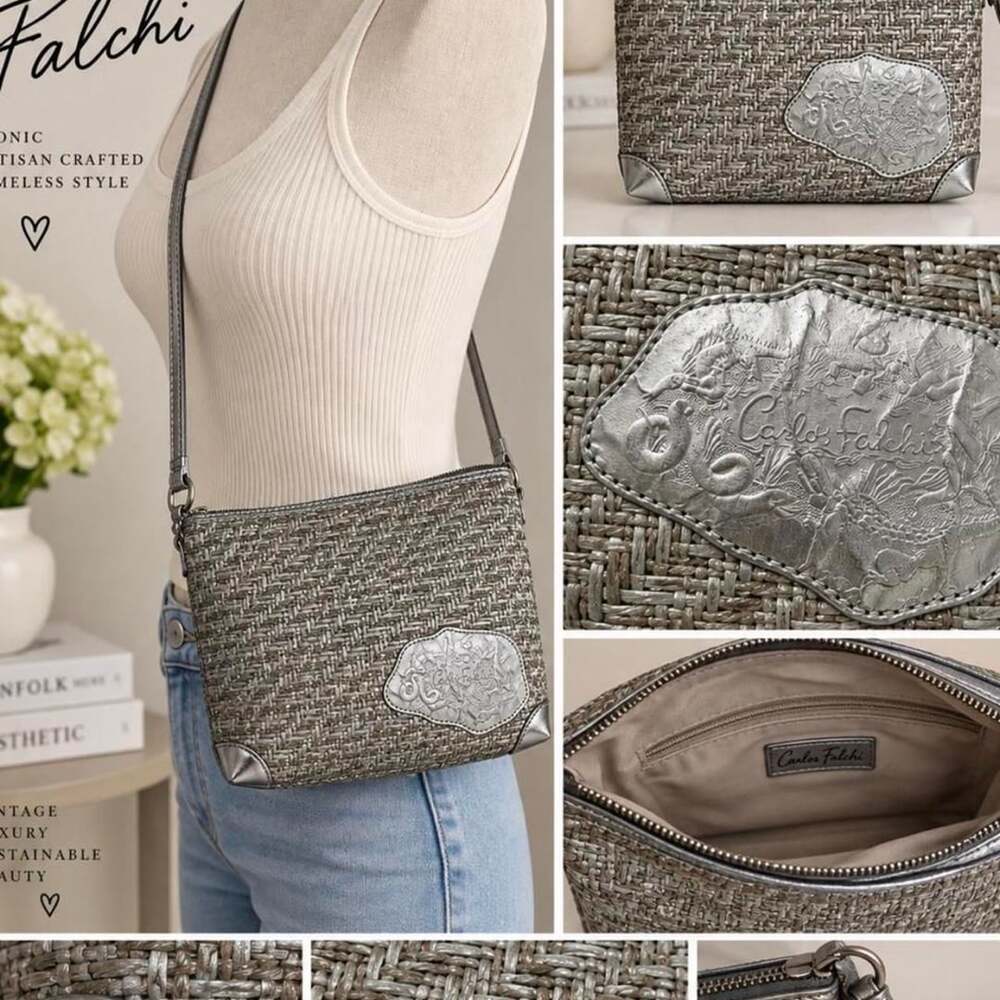 Carlos Falchi Metallic Silver Woven Shoulder Bag